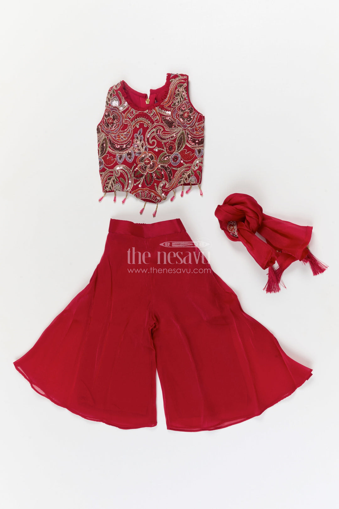 The Nesavu Girls Sharara / Plazo Set Girls Sharara Set for Festive Performances and Wedding Receptions Nesavu Nesavu girls festive sharara set with organza flare and embroidered blouse for weddings