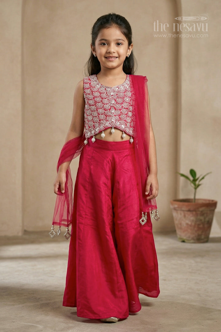The Nesavu Girls Sharara / Plazo Set Girls Sharara Set for Festive Wear and Traditional Occasions Nesavu 18 (2Y) / Red / Silk GPS1018A-18 Nesavu girls silk crepe sharara set with designer embroidery yoke for festive and wedding wear