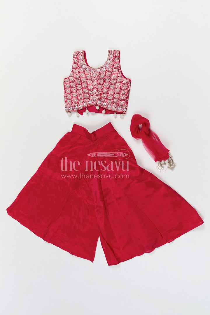 The Nesavu Girls Sharara / Plazo Set Girls Sharara Set for Festive Wear and Traditional Occasions Nesavu Nesavu girls silk crepe sharara set with designer embroidery yoke for festive and wedding wear