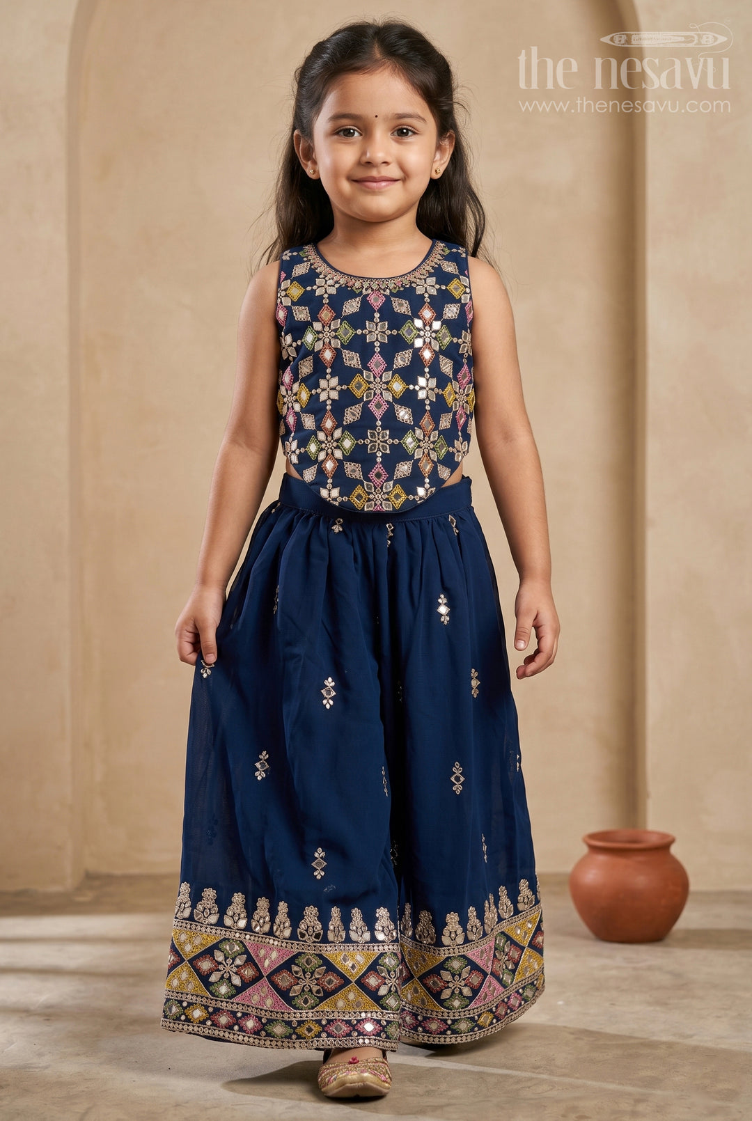 The Nesavu Girls Sharara / Plazo Set Girls Sharara Set for Festive Weddings and Special Occasions Nesavu 16 (1Y) / Blue / Georgette GPS1055A-16 Nesavu Girls Georgette Sharara Set For Festive Weddings And Special Occasions With Designer Embroidery
