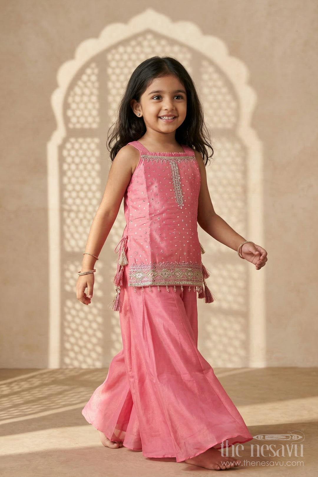 The Nesavu Girls Sharara / Plazo Set Girls Sharara Set for Festive Weddings and Traditional Celebrations Nesavu 24 (5Y) / Pink / Viscose Silk GPS981A-24 Nesavu girls viscose silk sharara set for weddings and festive celebrations with designer yoke