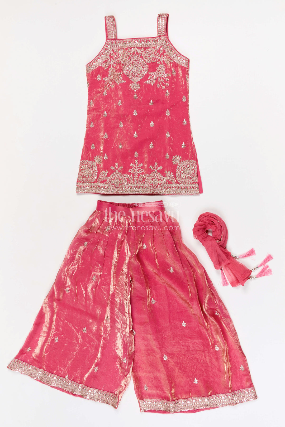 The Nesavu Girls Sharara / Plazo Set Girls Sharara Set for Grand Festive Celebrations and Weddings Nesavu Nesavu organza tissue silk girls sharara set for weddings with designer embroidery