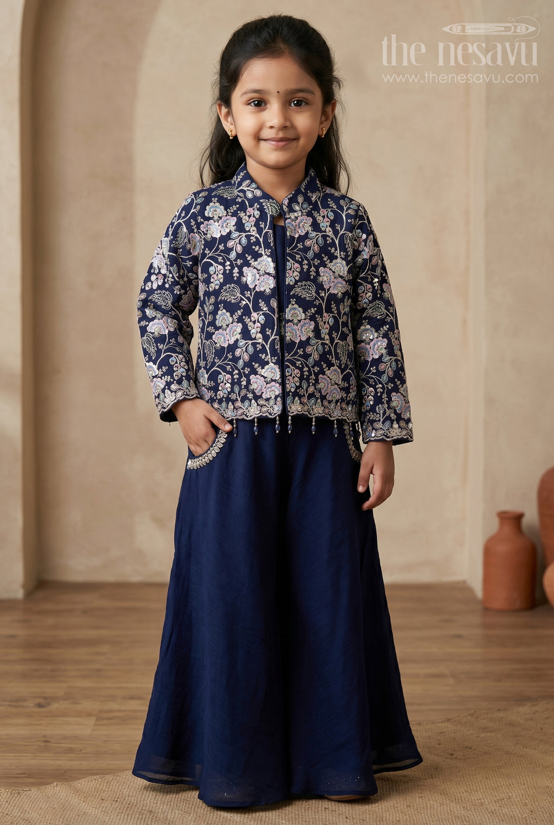 The Nesavu Girls Sharara / Plazo Set Girls Sharara Set for Sangeeth and Festive Occasions Nesavu 18 (2Y) / Blue / Viscose GPS1046C-18 Nesavu Girls Sharara Set For Weddings And Festive Occasions With Embroidered Jacket And Flowy Pants