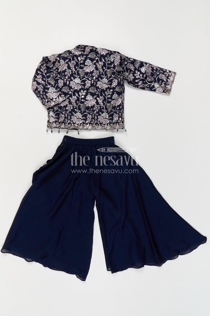 The Nesavu Girls Sharara / Plazo Set Girls Sharara Set for Sangeeth and Festive Occasions Nesavu Nesavu Girls Sharara Set For Weddings And Festive Occasions With Embroidered Jacket And Flowy Pants