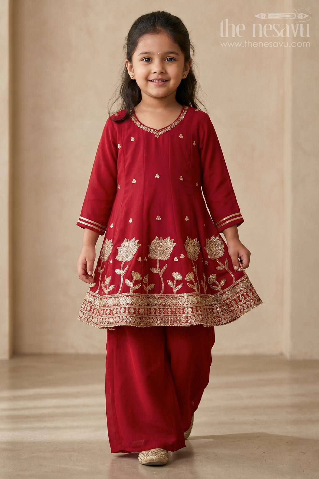The Nesavu Girls Sharara / Plazo Set Girls Sharara Set for Wedding and Event Nesavu 22 (4Y) / Red / Georgette GPS1058A-22 Nesavu Girls Sharara Set For Wedding And Festive Occasions With Embroidered Georgette Ethnic Outfit