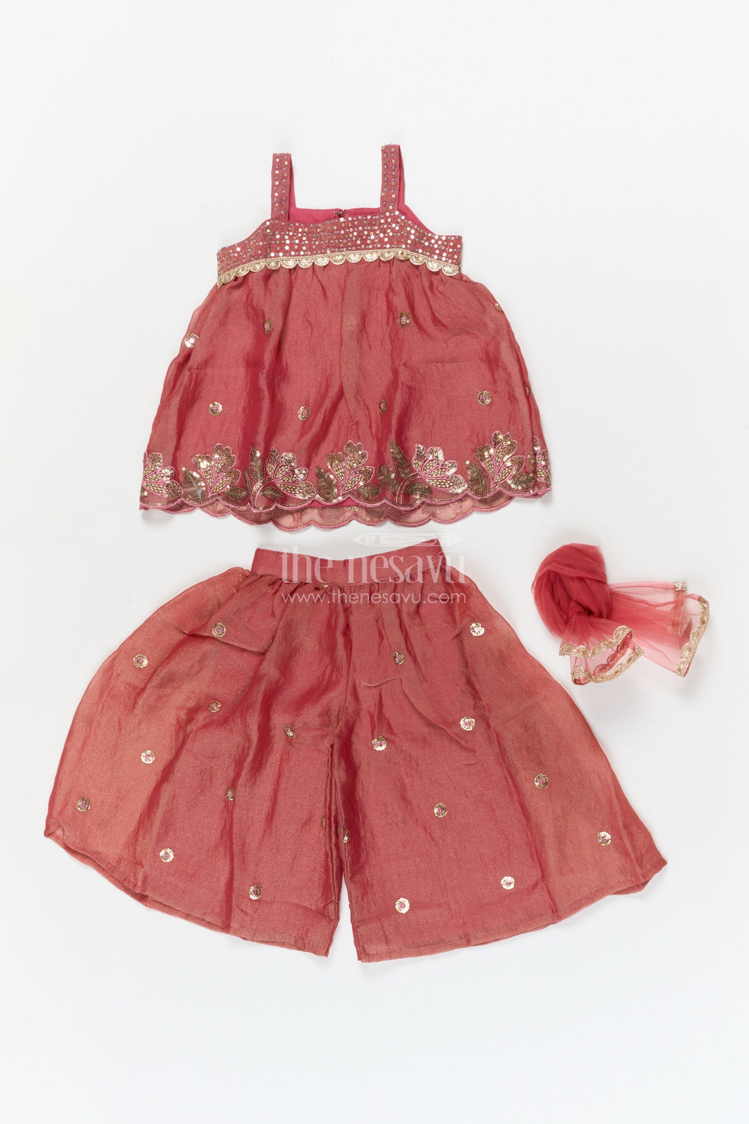 The Nesavu Girls Sharara / Plazo Set Girls Sharara Set for Wedding and Festive Celebrations Nesavu Nesavu girls sharara set in organza for weddings and festive functions with embroidered kurti