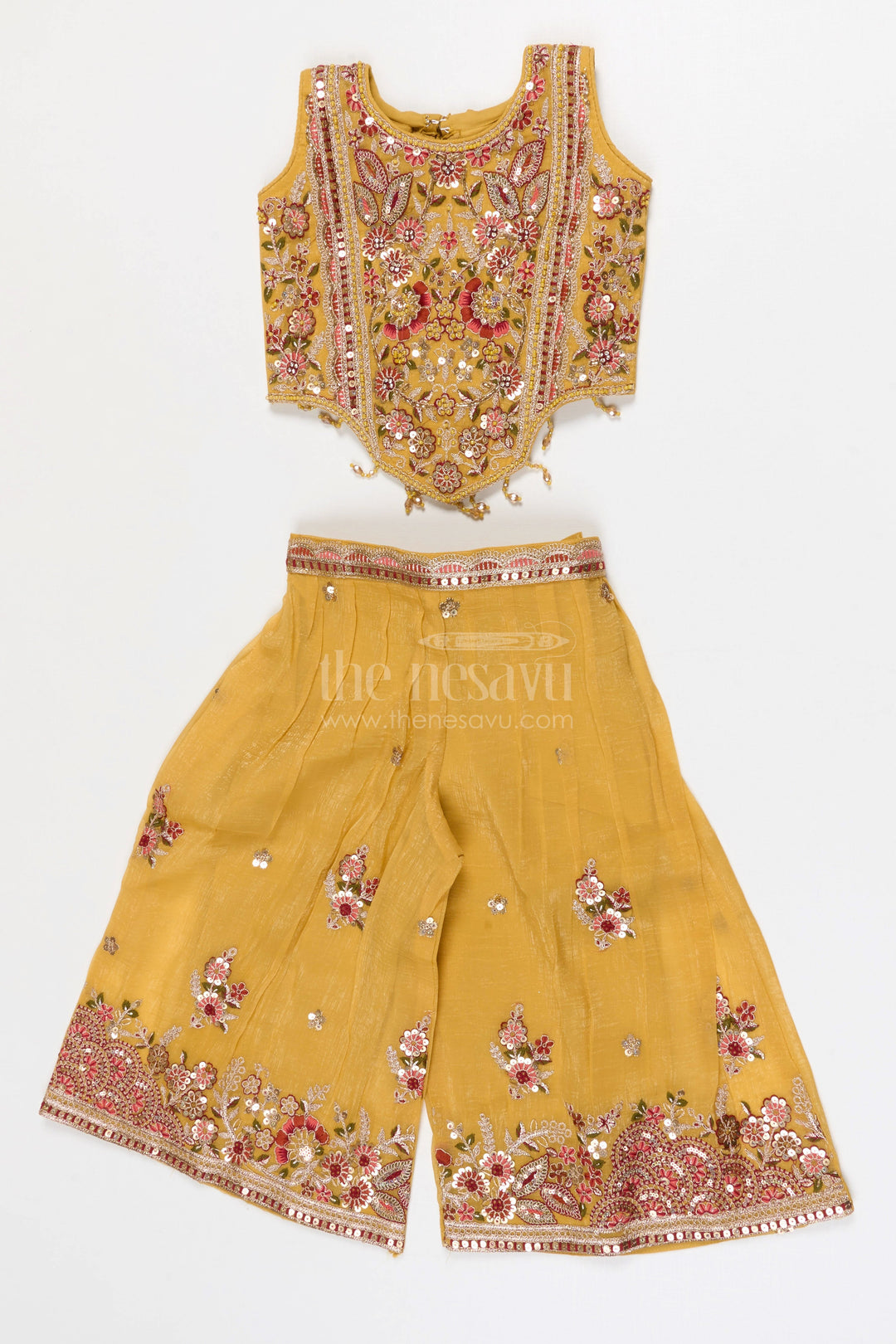 The Nesavu Girls Sharara / Plazo Set Girls Sharara Set for Wedding and Festive Nesavu 18 (2Y) / Yellow / Georgette GPS964A-18 Nesavu Girls Georgette Sharara Set With Designer Embroidered Yoke For Weddings And Festive Occasions