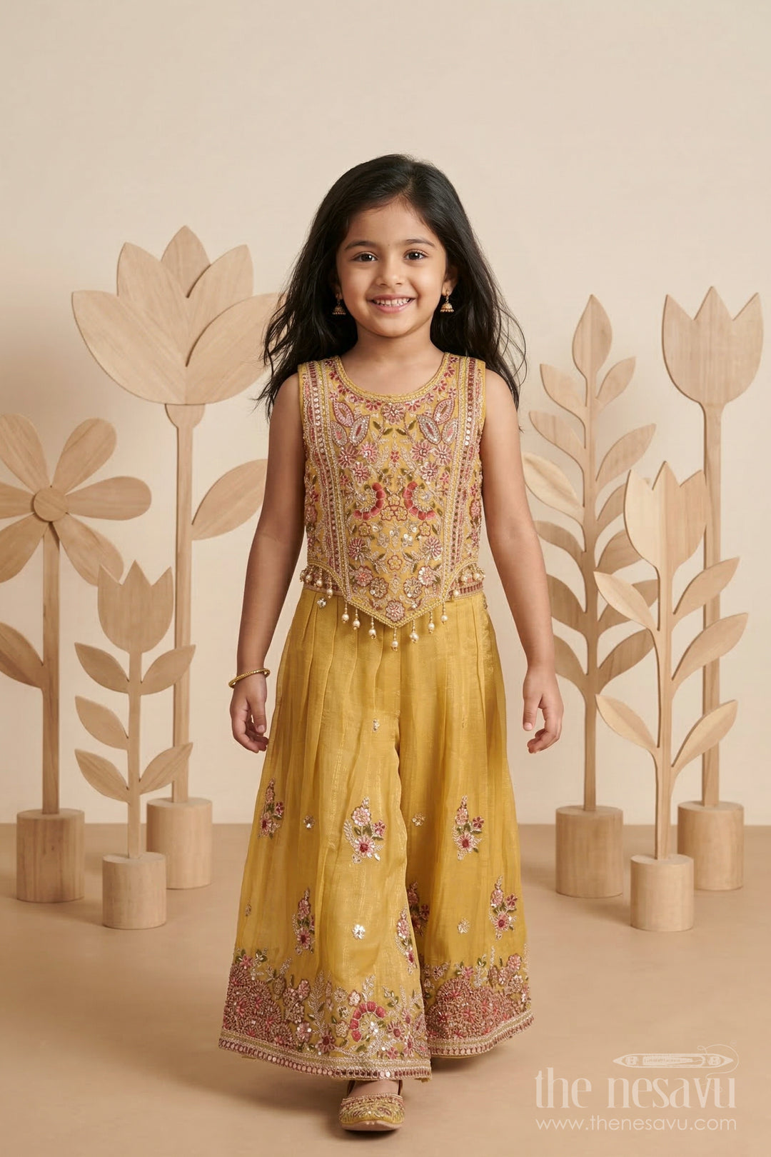 The Nesavu Girls Sharara / Plazo Set Girls Sharara Set for Wedding and Festive Nesavu 18 (2Y) / Yellow / Georgette GPS964A-18 Nesavu Girls Georgette Sharara Set With Designer Embroidered Yoke For Weddings And Festive Occasions