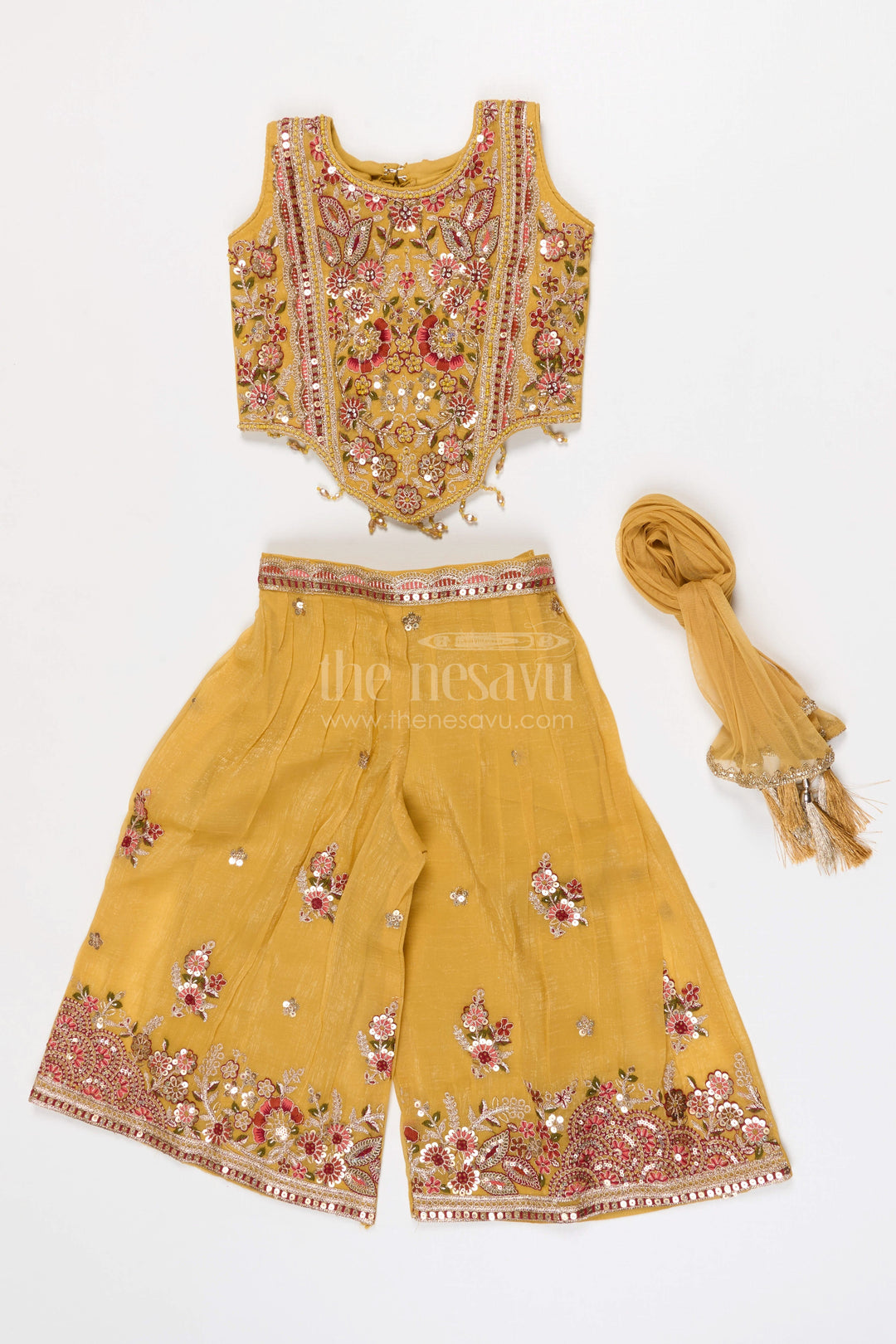 The Nesavu Girls Sharara / Plazo Set Girls Sharara Set for Wedding and Festive Nesavu Nesavu Girls Georgette Sharara Set With Designer Embroidered Yoke For Weddings And Festive Occasions