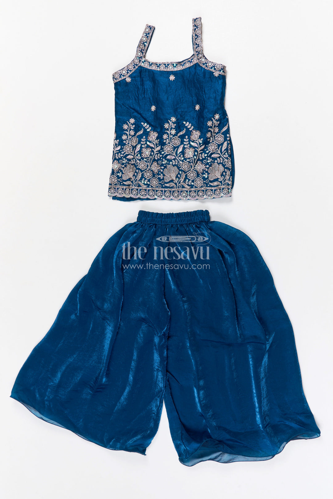 The Nesavu Girls Sharara / Plazo Set Girls Sharara Set for Wedding Functions and Festive Gatherings Nesavu 24 (5Y) / Blue / Organza GPS978A-24 Nesavu girls organza sharara set with embroidered yoke for weddings