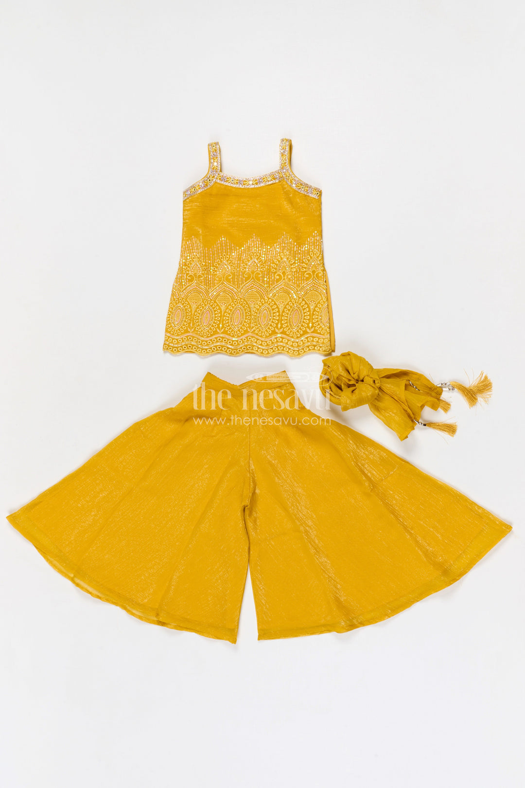 The Nesavu Girls Sharara / Plazo Set Girls Sharara Set for Wedding Functions and Festive Wear Nesavu Nesavu girls georgette sharara set for wedding functions with designer embroidered yoke