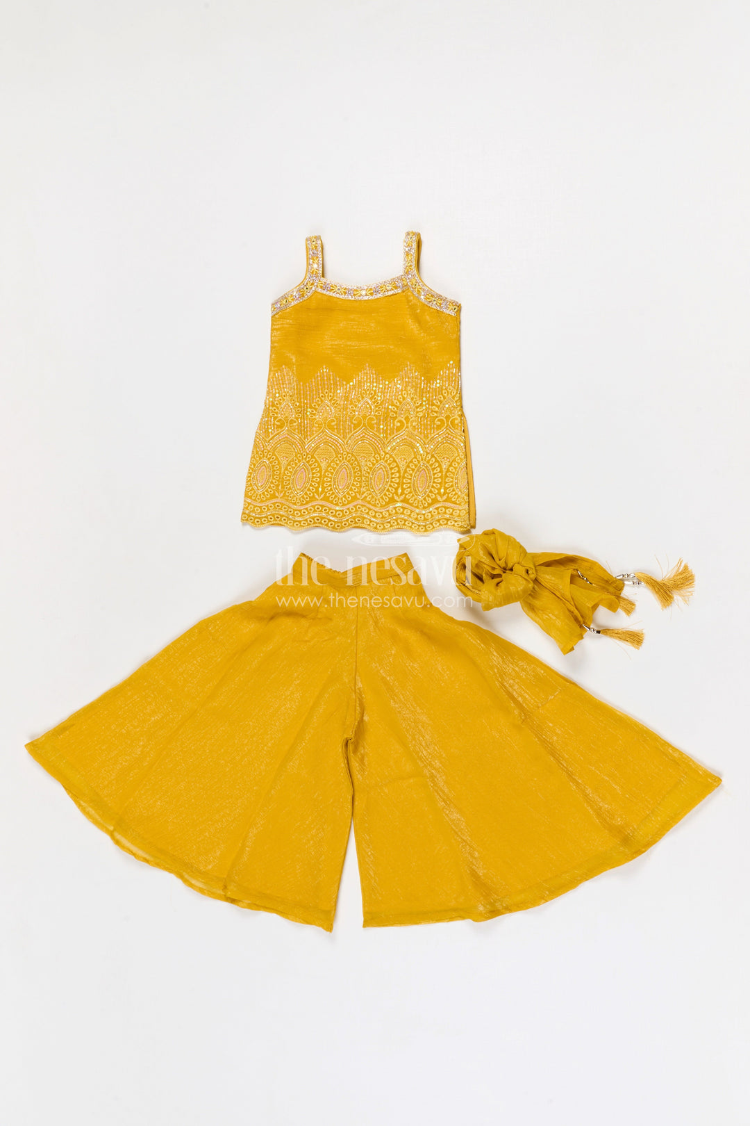 The Nesavu Girls Sharara / Plazo Set Girls Sharara Set for Wedding Functions and Festive Wear Nesavu Nesavu girls georgette sharara set for wedding functions with designer embroidered yoke