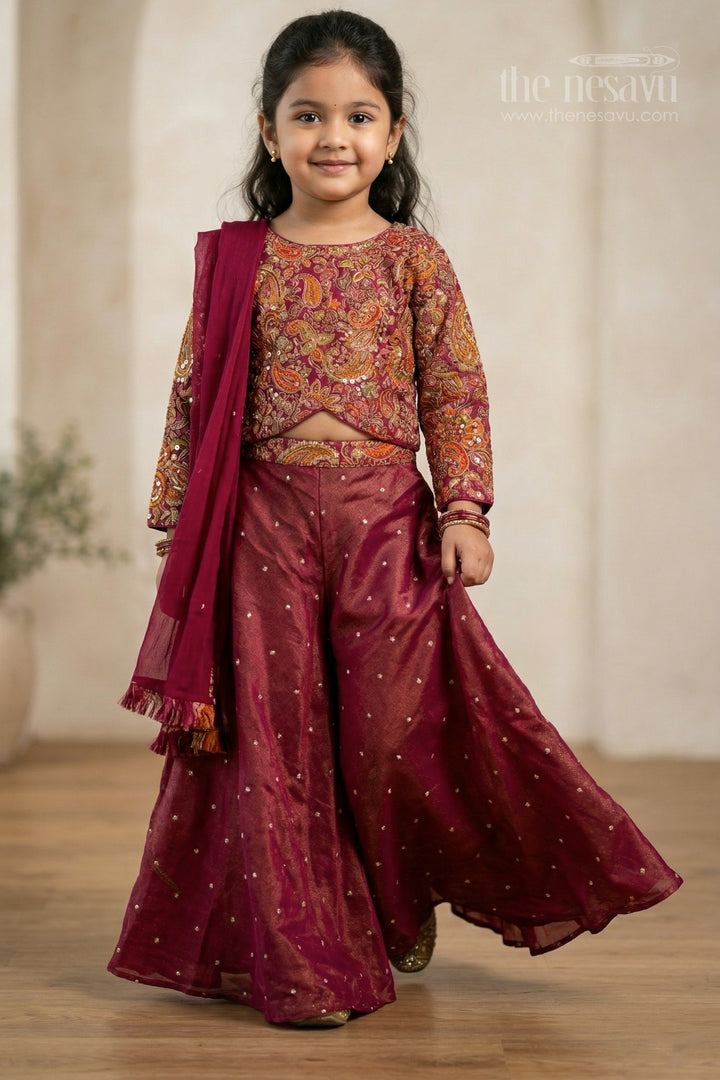 The Nesavu Girls Sharara / Plazo Set Girls Sharara Set for Wedding Functions and Sangeeth Nesavu 24 (5Y) / Pink / Viscose Silk GPS1025A-24 Nesavu girls sharara set for weddings with viscose silk fabric and designer embroidered yoke festive wear