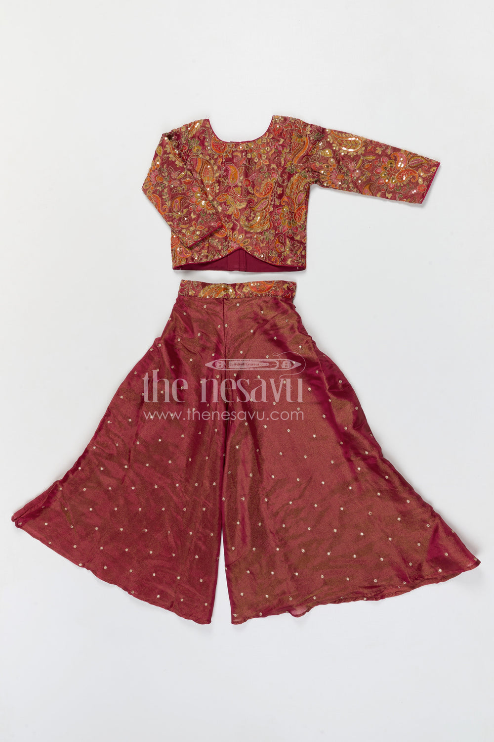 The Nesavu Girls Sharara / Plazo Set Girls Sharara Set for Wedding Functions and Sangeeth Nesavu Nesavu girls sharara set for weddings with viscose silk fabric and designer embroidered yoke festive wear