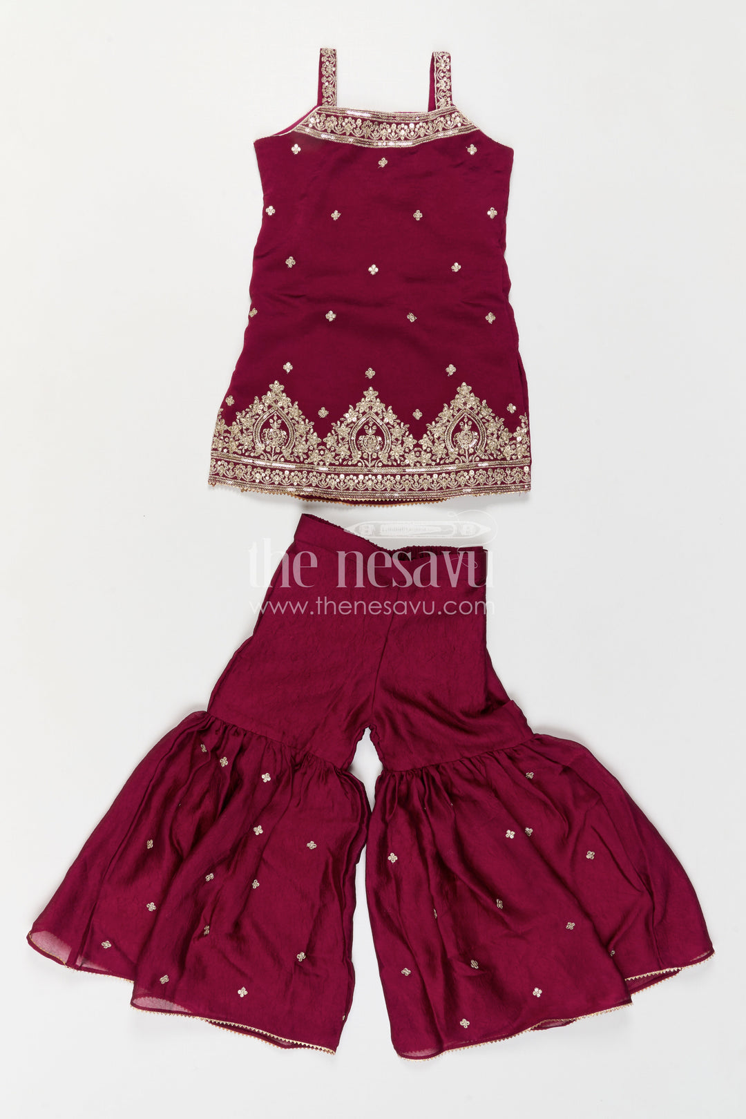 The Nesavu Girls Sharara / Plazo Set Girls Sharara Set for Weddings and Birthday Functtions Nesavu Nesavu Girls Sharara Set For Weddings With Viscose Blend Silk And Embroidered Yoke Festive Outfit