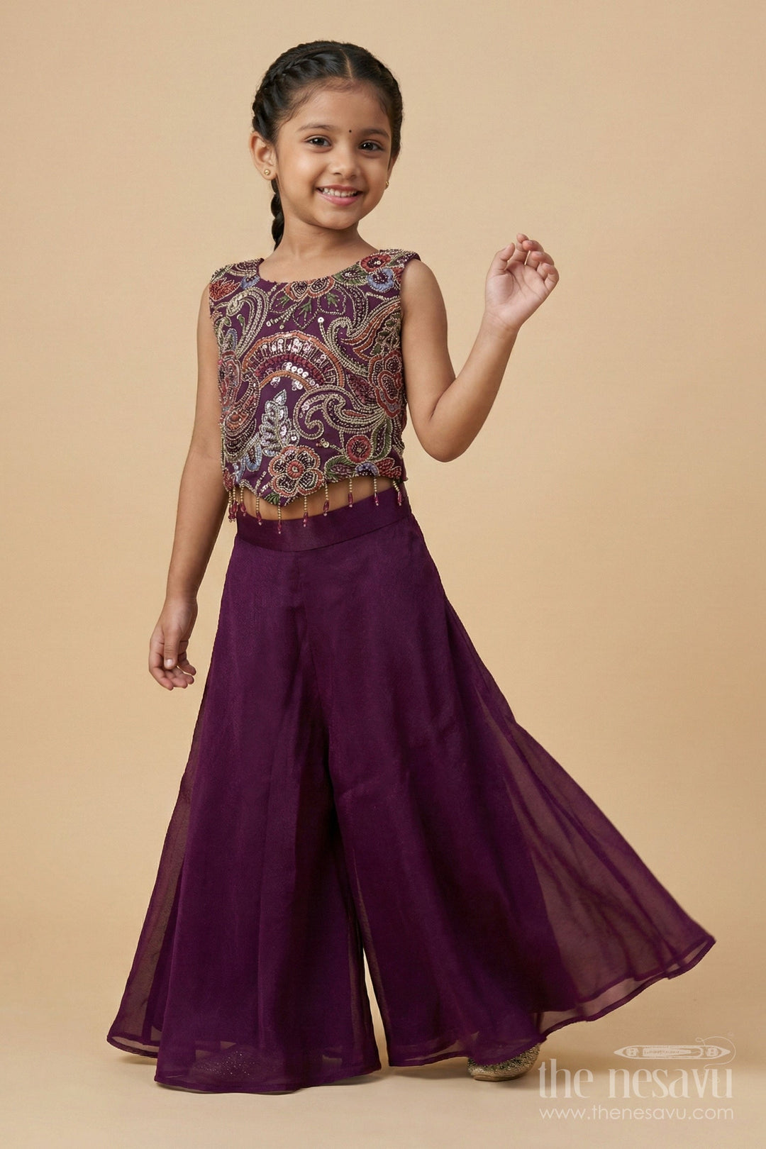 The Nesavu Girls Sharara / Plazo Set Girls Sharara Set for Weddings and Cultural Programs Nesavu Nesavu girls embroidered sharara set in organza for weddings and festive stage moments