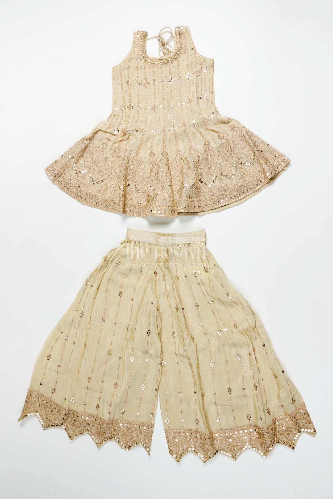 The Nesavu Girls Sharara / Plazo Set Girls Sharara Set for Weddings and Festive Celebrations Nesavu 24 (5Y) / Brown GPS900A-24 Nesavu girls sleeveless sharara set tissue silk embroidery weddings festivals