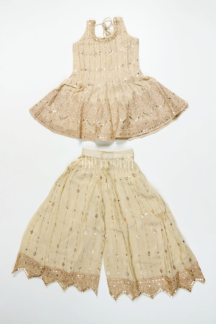 The Nesavu Girls Sharara / Plazo Set Girls Sharara Set for Weddings and Festive Celebrations Nesavu 24 (5Y) / Brown GPS900A-24 Nesavu girls sleeveless sharara set tissue silk embroidery weddings festivals