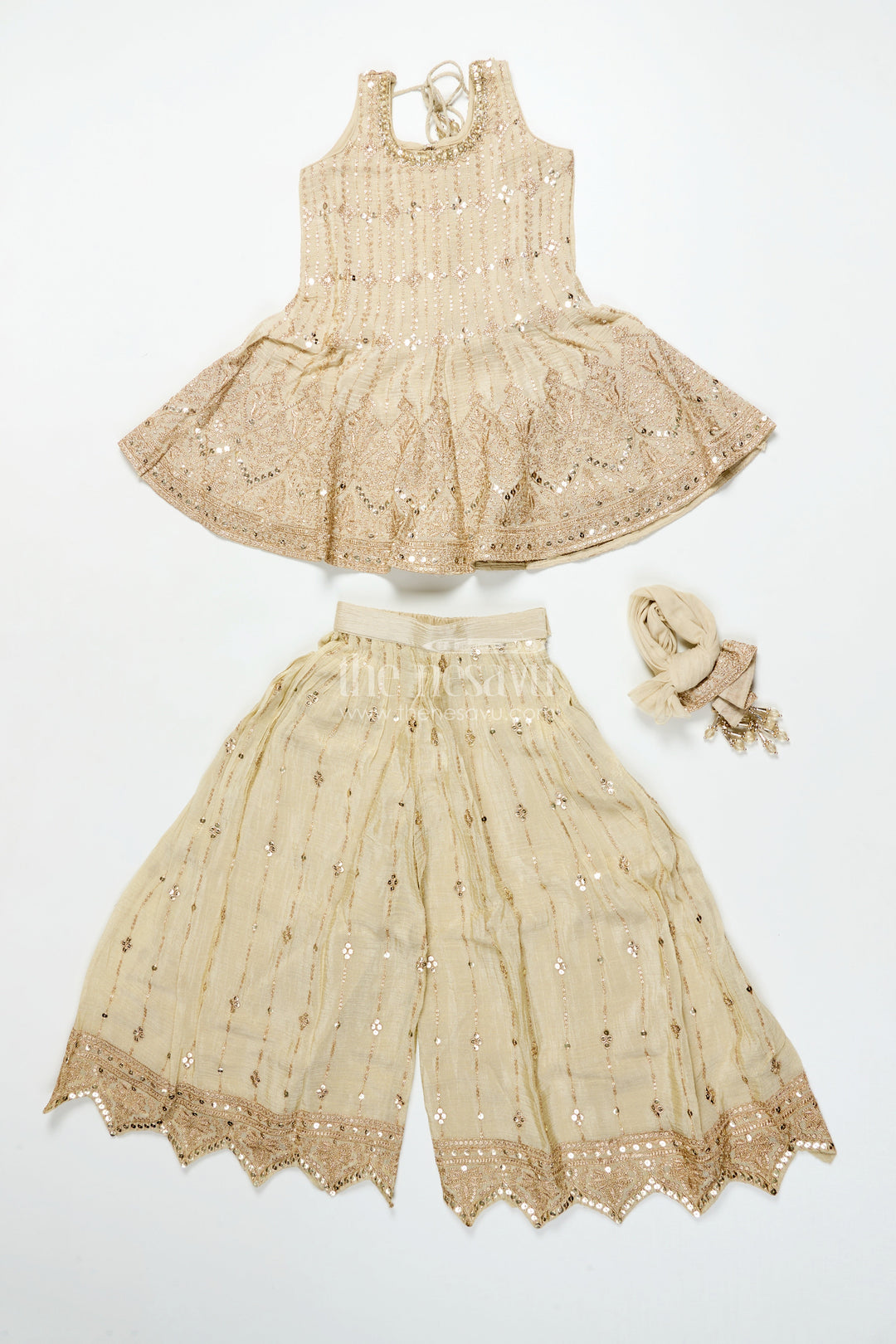 The Nesavu Girls Sharara / Plazo Set Girls Sharara Set for Weddings and Festive Celebrations Nesavu Nesavu girls sleeveless sharara set tissue silk embroidery weddings festivals