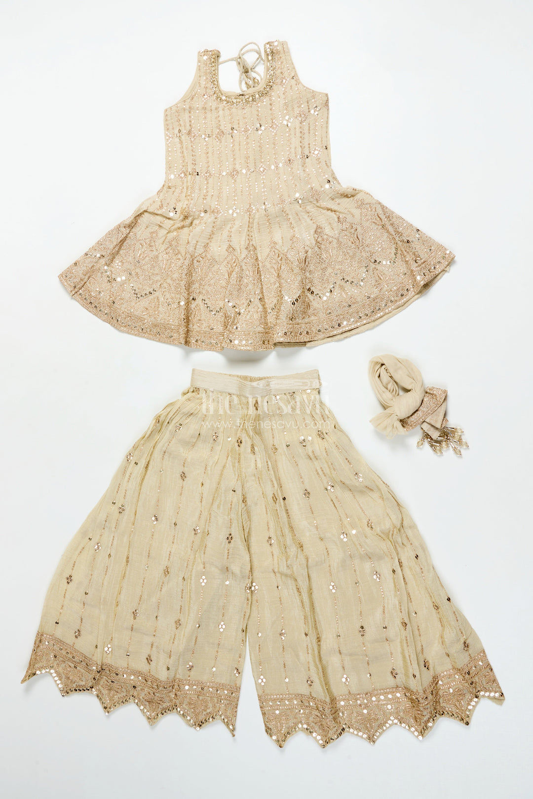 The Nesavu Girls Sharara / Plazo Set Girls Sharara Set for Weddings and Festive Celebrations Nesavu Nesavu girls sleeveless sharara set tissue silk embroidery weddings festivals