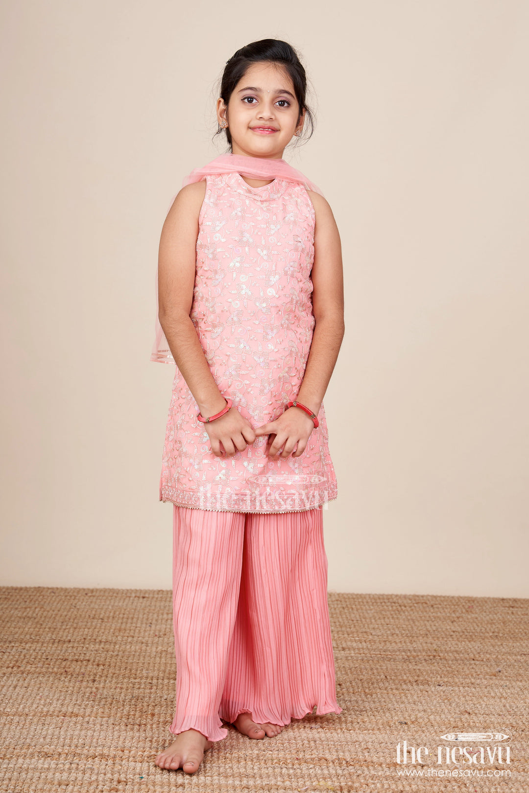 The Nesavu Girls Sharara / Plazo Set Girls Sharara Set for Weddings and Festive Family Functions Nesavu 16 (1Y) / Peach GPS699B-16 Nesavu girls sharara set embroidered yoke dupatta weddings festive occasions