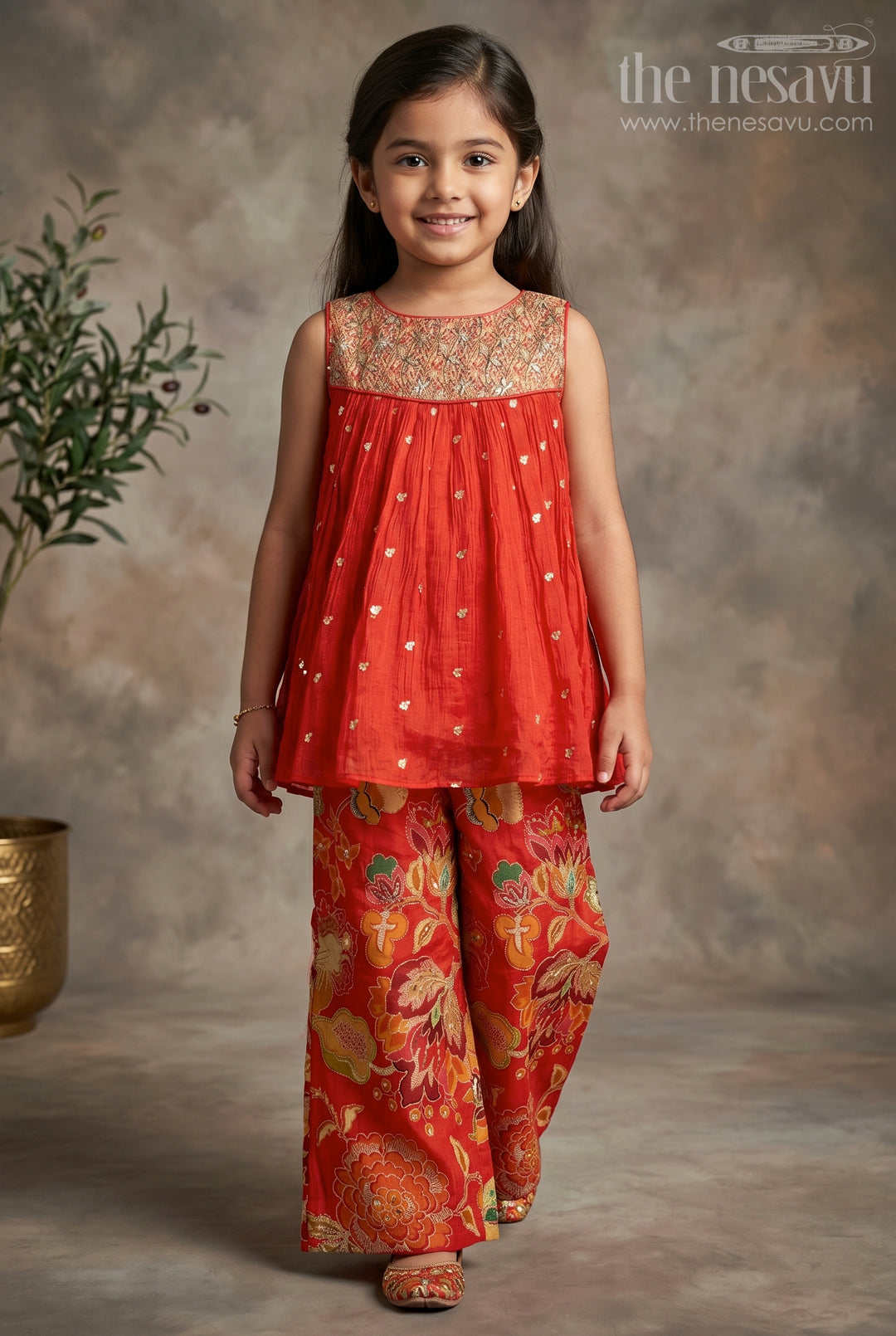 The Nesavu Girls Sharara / Plazo Set Girls Sharara Set for Weddings and Festive Family Occasions Nesavu 16 (1Y) / Red / Viscose GPS1068A-16 Nesavu Girls Sharara Set With Floral Sharara Pants And Designer Embroidered Kurti