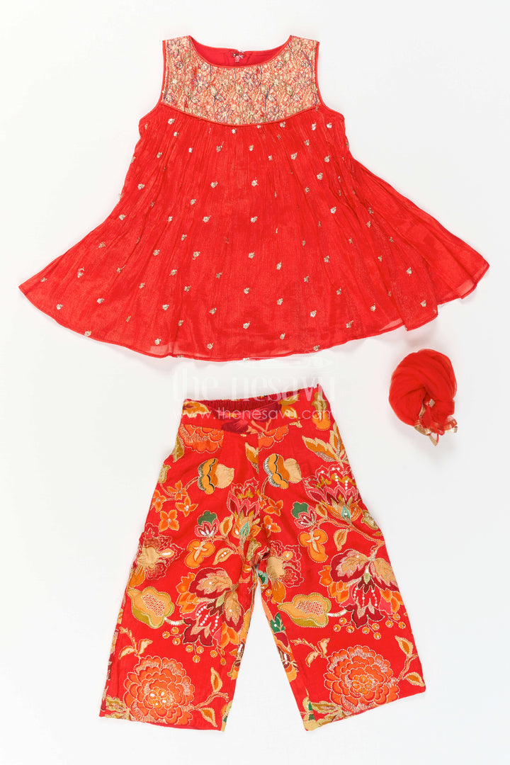 The Nesavu Girls Sharara / Plazo Set Girls Sharara Set for Weddings and Festive Family Occasions Nesavu Nesavu Girls Sharara Set With Floral Sharara Pants And Designer Embroidered Kurti