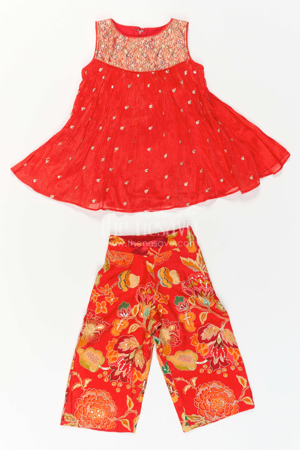 The Nesavu Girls Sharara / Plazo Set Girls Sharara Set for Weddings and Festive Family Occasions Nesavu Nesavu Girls Sharara Set With Floral Sharara Pants And Designer Embroidered Kurti