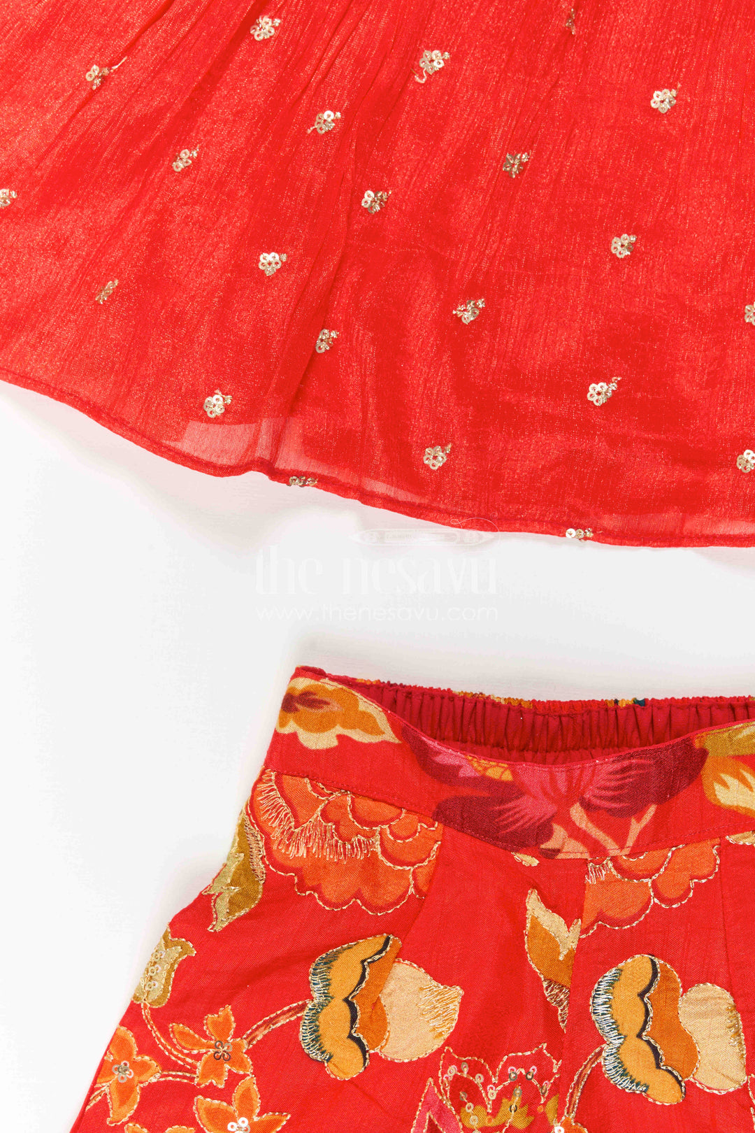 The Nesavu Girls Sharara / Plazo Set Girls Sharara Set for Weddings and Festive Family Occasions Nesavu Nesavu Girls Sharara Set With Floral Sharara Pants And Designer Embroidered Kurti