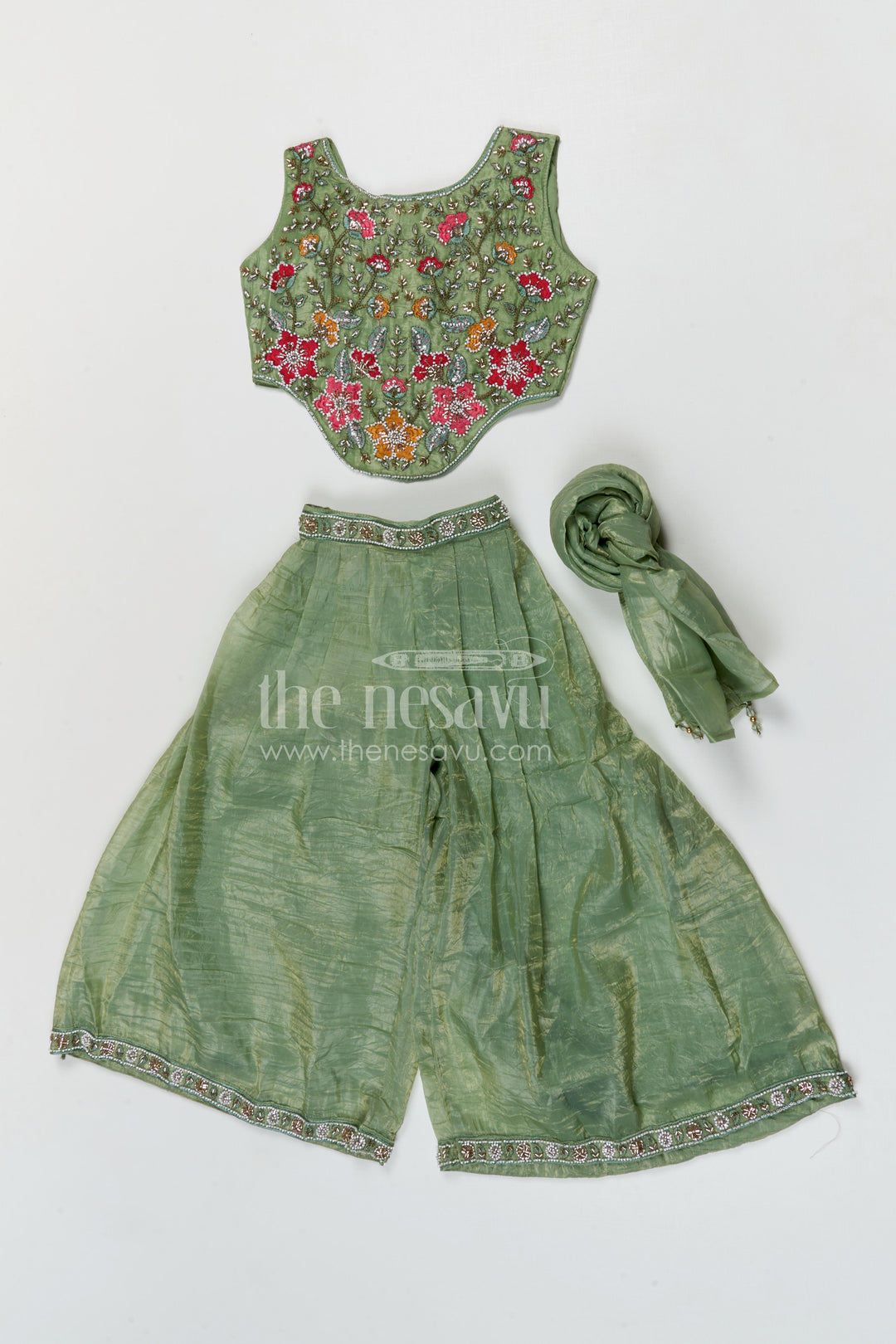 The Nesavu Girls Sharara / Plazo Set Girls Sharara Set for Weddings and Festive Occasionals Nesavu Nesavu girls crushed organza sharara set with designer embroidery yoke for weddings and festive occasions