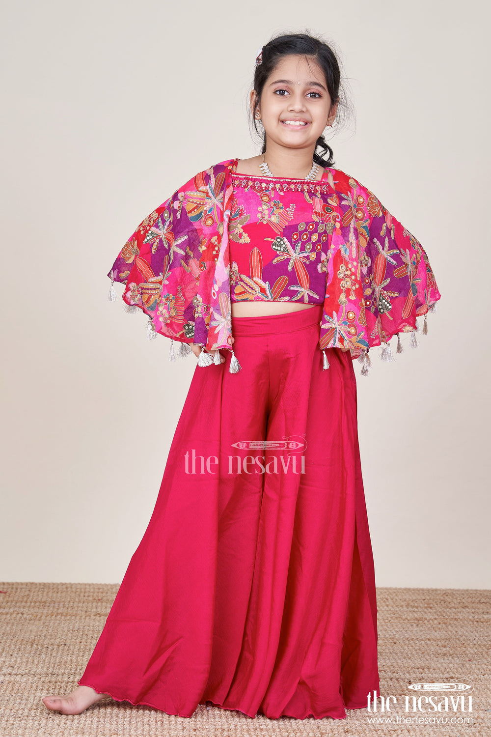 The Nesavu Girls Sharara / Plazo Set Girls Sharara Set for Weddings and Festive Occasions Nesavu Nesavu girls sharara set embroidered cape top weddings festive parties