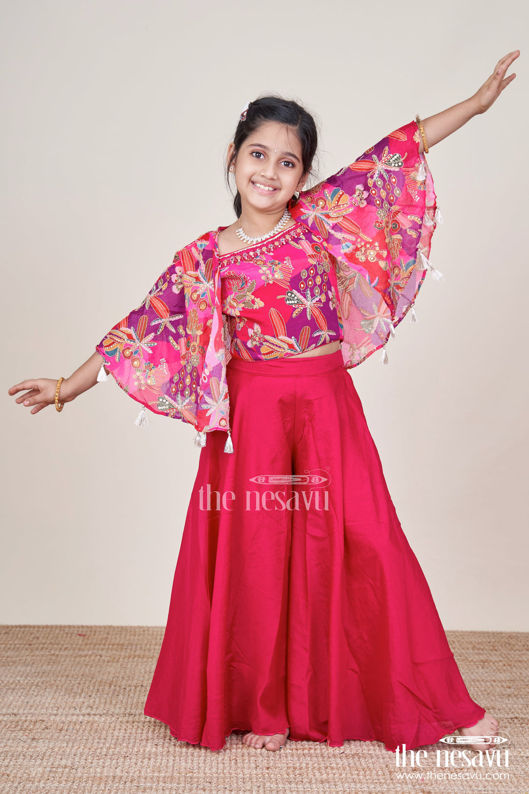 The Nesavu Girls Sharara / Plazo Set Girls Sharara Set for Weddings and Festive Occasions Nesavu Nesavu girls sharara set embroidered cape top weddings festive parties