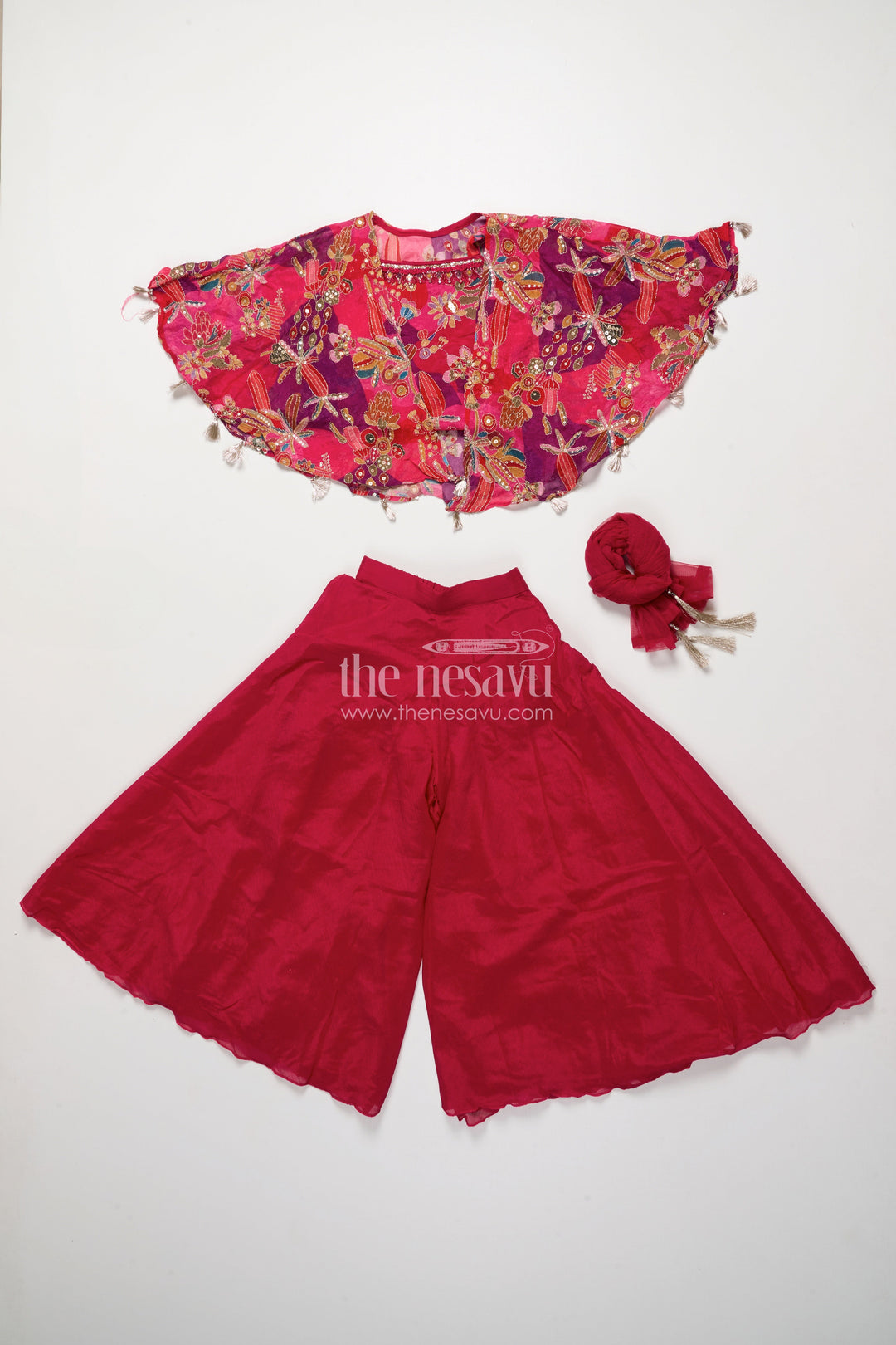 The Nesavu Girls Sharara / Plazo Set Girls Sharara Set for Weddings and Festive Occasions Nesavu Nesavu girls sharara set embroidered cape top weddings festive parties