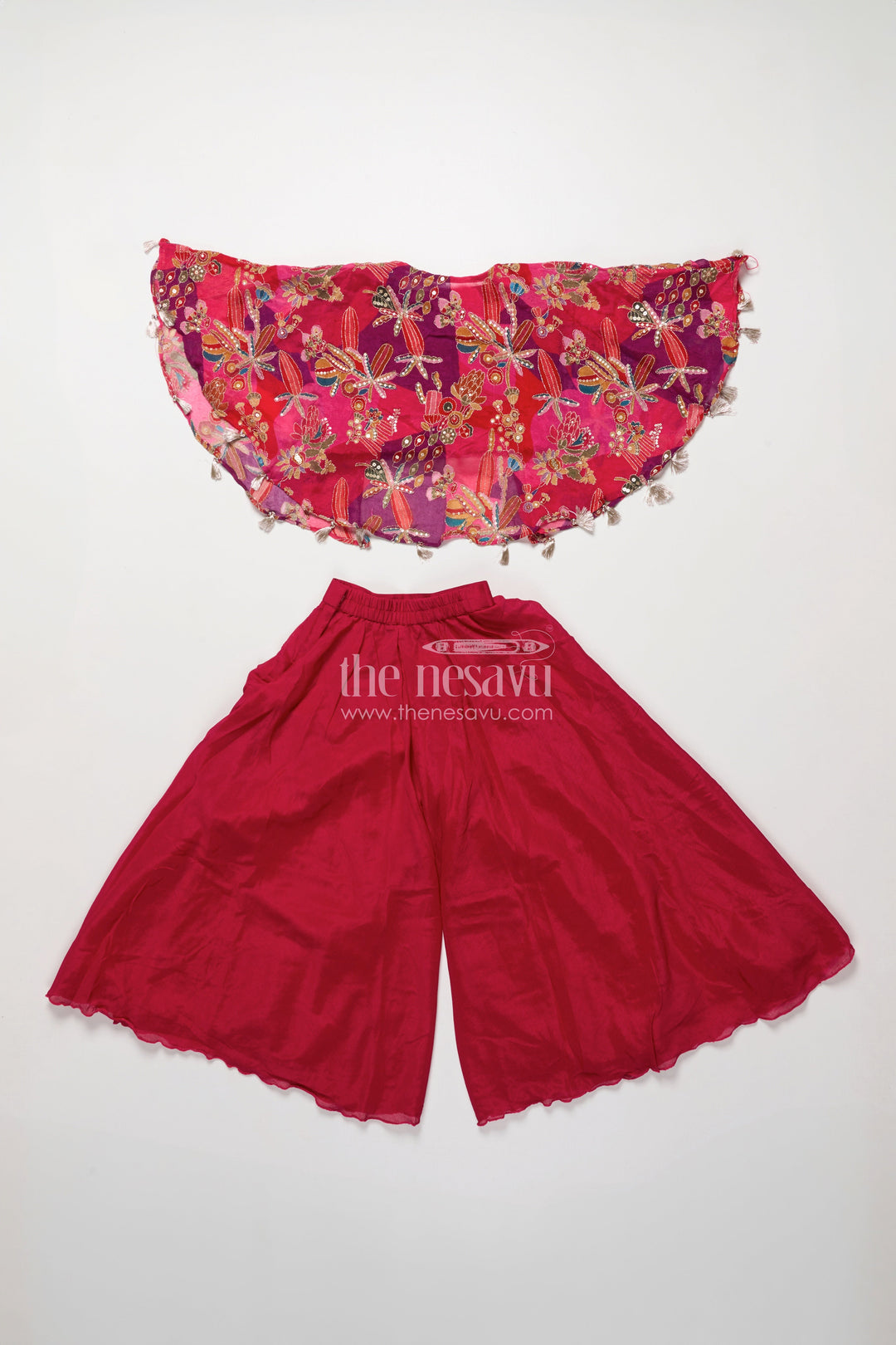 The Nesavu Girls Sharara / Plazo Set Girls Sharara Set for Weddings and Festive Occasions Nesavu Nesavu girls sharara set embroidered cape top weddings festive parties