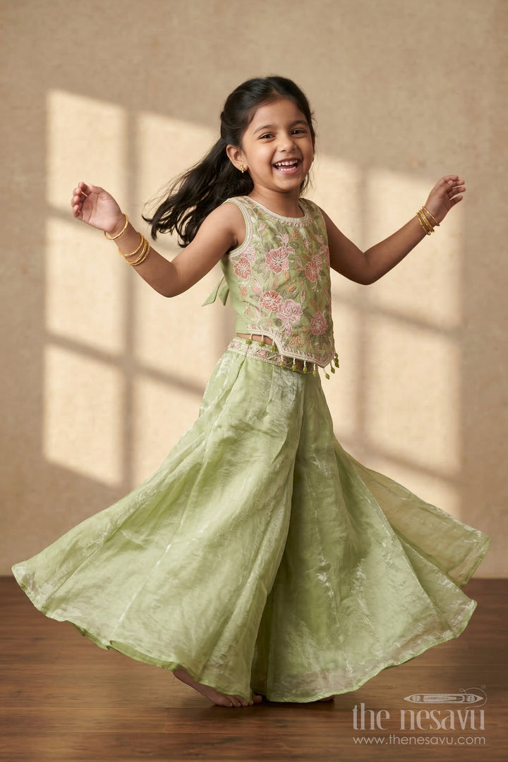 The Nesavu Girls Sharara / Plazo Set Girls Sharara Set for Weddings and Festives Nesavu 24 (5Y) / Green / Organza Tissue GPS973A-24 Nesavu girls tissue organza sharara set with designer embroidery for weddings