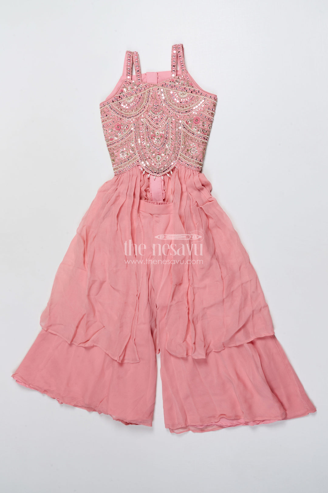 The Nesavu Girls Sharara / Plazo Set Girls Sharara Set for Weddings and Traditional Functions Nesavu 22 (4Y) / Pink GPS909A-22 Nesavu girls sharara set embroidered yoke weddings festive celebrations