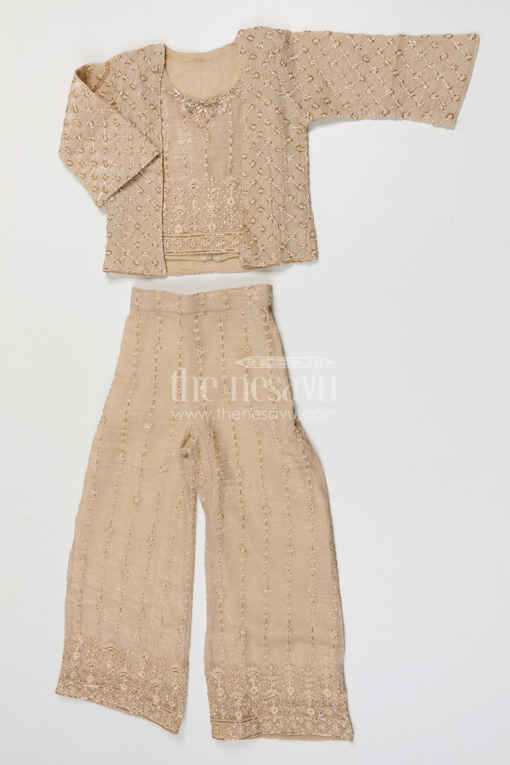 The Nesavu Girls Sharara / Plazo Set Girls Sharara Set for Weddings Nesavu Nesavu girls crushed tissue organza sharara set with designer embroidery for weddings and celebrations