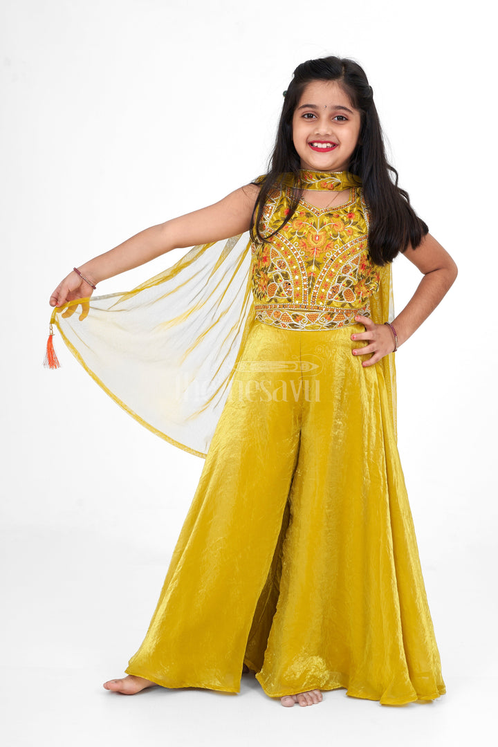 The Nesavu Girls Sharara / Plazo Set Girls Sharara Set for Women in Shimmer Organza with Vibrant Embellishments, Ideal for Family Gatherings and Festive Events Nesavu 24 (5Y) / Yellow GPS468A-24 Stylish Girls Sharara Set Women Shimmer Organza Embellished Floral Details Nesavu Perfect Pongal Family Events