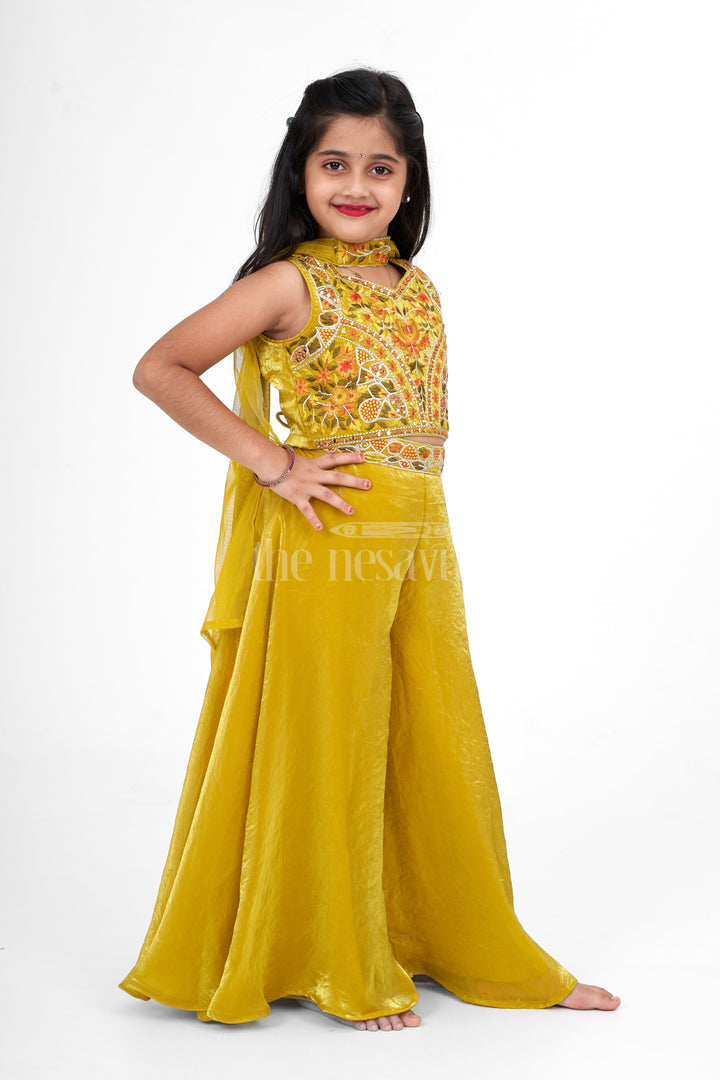 The Nesavu Girls Sharara / Plazo Set Girls Sharara Set for Women in Shimmer Organza with Vibrant Embellishments, Ideal for Family Gatherings and Festive Events Nesavu Stylish Girls Sharara Set Women Shimmer Organza Embellished Floral Details Nesavu Perfect Pongal Family Events