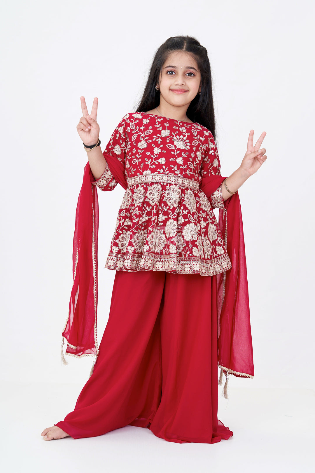 The Nesavu Girls Sharara / Plazo Set Girls Sharara Set Georgette in Maroon with Designer Embroidery and Matching Dupatta for Festive Wear Nesavu 24 (5Y) / Pink GPS564A-24 Girls Sharara Set Georgette Maroon Designer Embroidery Matching Dupatta | The Nesavu