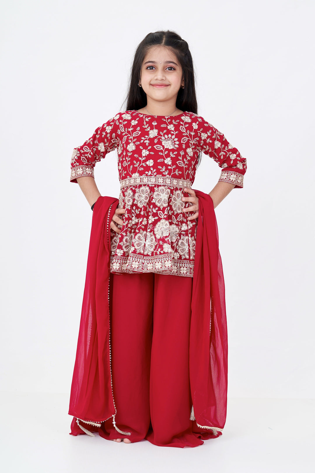 The Nesavu Girls Sharara / Plazo Set Girls Sharara Set Georgette in Maroon with Designer Embroidery and Matching Dupatta for Festive Wear Nesavu Girls Sharara Set Georgette Maroon Designer Embroidery Matching Dupatta | The Nesavu