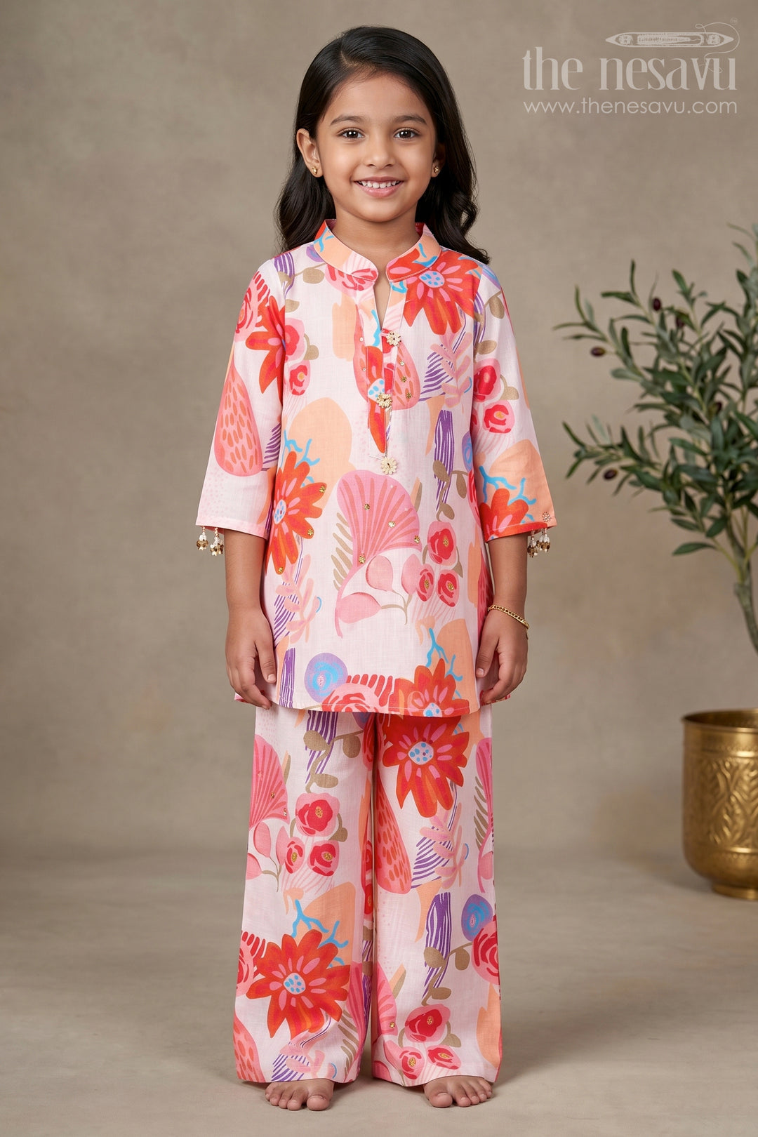 The Nesavu Girls Co-Ord Sets Girls Sharara Set in Cotton with Floral Digital Print for Festive Wear Nesavu 24 (5Y) / Orange GPS669A-24 Nesavu girls orange floral cotton sharara set with digital print for ethnic celebrations