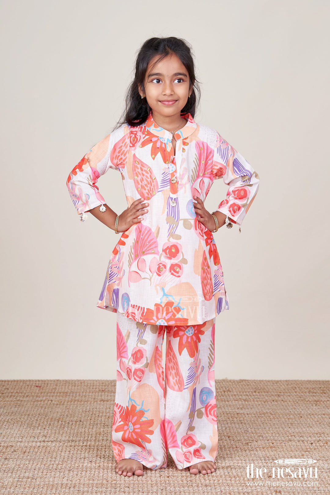 The Nesavu Girls Co-Ord Sets Girls Sharara Set in Cotton with Floral Digital Print for Festive Wear Nesavu Nesavu girls orange floral cotton sharara set with digital print for ethnic celebrations