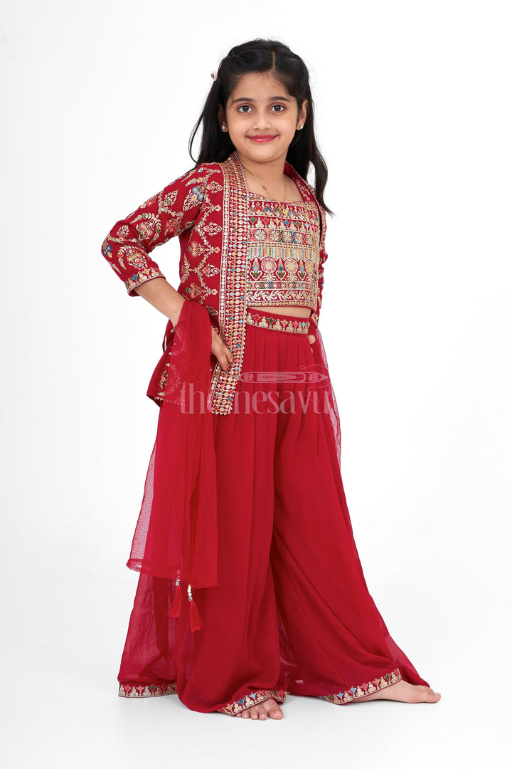 The Nesavu Girls Sharara / Plazo Set Girls Sharara Set in Georgette with Intricate Embroidery and Matching Jacket for Weddings Nesavu Nesavu Girls Sharara Lehenga Set Georgette Embroidery Matching Jacket Weddings Celebrations