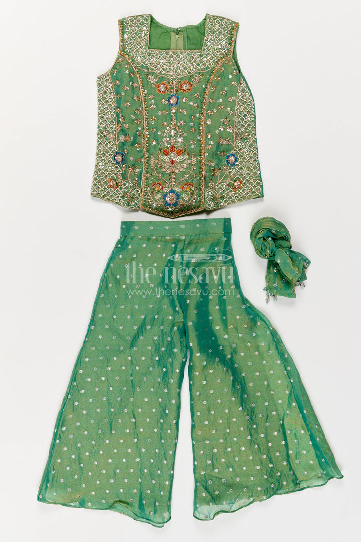 The Nesavu Girls Sharara / Plazo Set Girls Sharara Set in Green for Special Functions Nesavu 24 (5Y) / Green / Silk GPS1295A-24 Nesavu Girls Sharara Set In Green For Special Functions GPS1295A-24