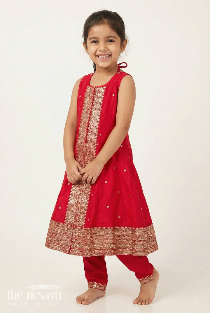 The Nesavu Girls Churidar Sets Girls Sharara Set in Red for Traditional Family Occasions Nesavu 28 (7Y) / Red GPS823B-28 Nesavu girls red viscose silk sharara set with zari border perfect for traditional functions and festive events