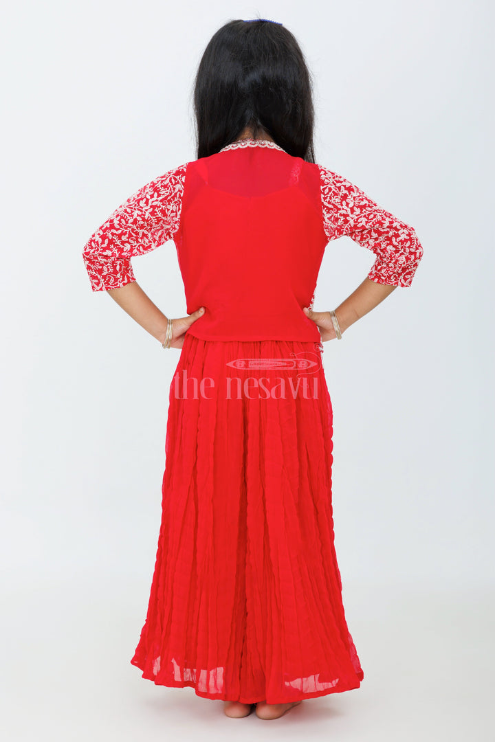 The Nesavu Girls Sharara / Plazo Set Girls Sharara Set in Red with Embroidered Jacket and Paisley Print Crop Top Nesavu Nesavu Girls Red Sharara Set Embroidered Jacket Crop Top Dupatta