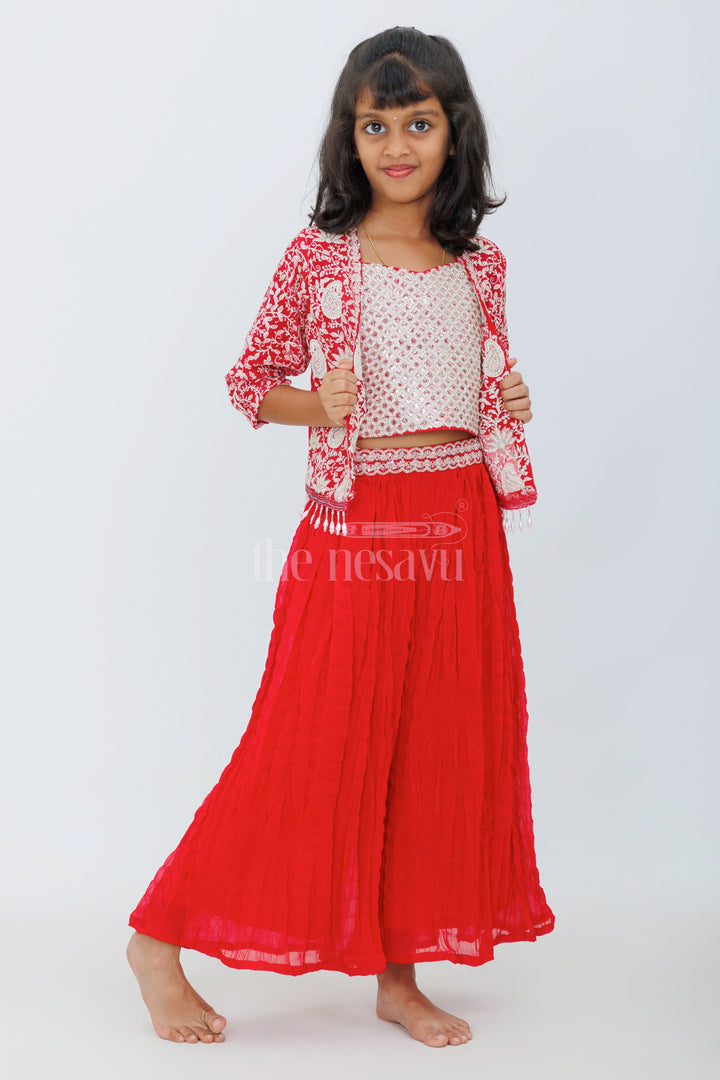 The Nesavu Girls Sharara / Plazo Set Girls Sharara Set in Red with Embroidered Jacket and Paisley Print Crop Top Nesavu Nesavu Girls Red Sharara Set Embroidered Jacket Crop Top Dupatta