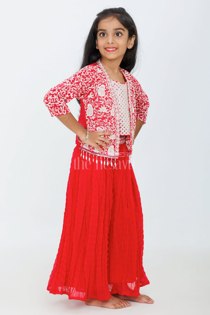 The Nesavu Girls Sharara / Plazo Set Girls Sharara Set in Red with Embroidered Jacket and Paisley Print Crop Top Nesavu Nesavu Girls Red Sharara Set Embroidered Jacket Crop Top Dupatta