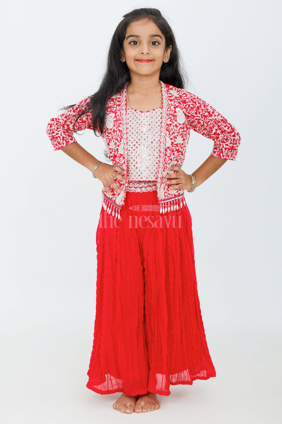 The Nesavu Girls Sharara / Plazo Set Girls Sharara Set in Red with Embroidered Jacket and Paisley Print Crop Top Nesavu Nesavu Girls Red Sharara Set Embroidered Jacket Crop Top Dupatta